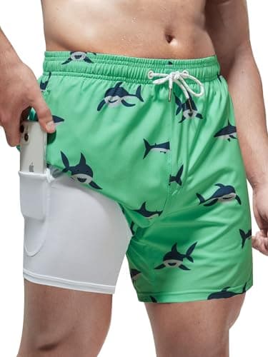 Arcweg Mens Swimming Trunks 2 in 1 with Boxer Liner 5.5" Quick Dry Swimwear Bathing Suit Swim Shorts with Zipper Pockets XXL(US) Shark - Image 1