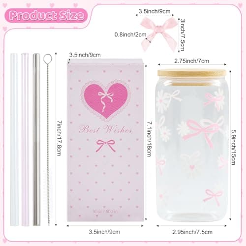Celebloom Coquette Pink Bow Daisy Glass Cup with Lids and Straws, Girly Preppy Design Tumbler Mug, Birthday Valentines Christmas Gifts for Teen Girl Women Girlfriends, Teen Girl Gifts Trendy Stuff - Thumbnail 2