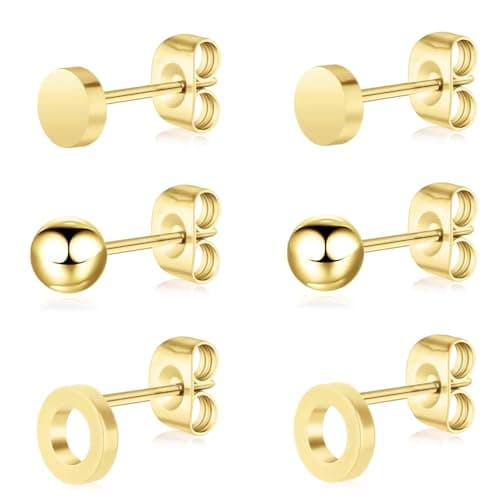 BOGKU 3 Pairs Titanium Earring Studs - Women Gold Stud Earrings Hypoallergenic Nickel Free Dot Ball Circle Earrings for Sensitive Ears Men Earring Studs - Image 1