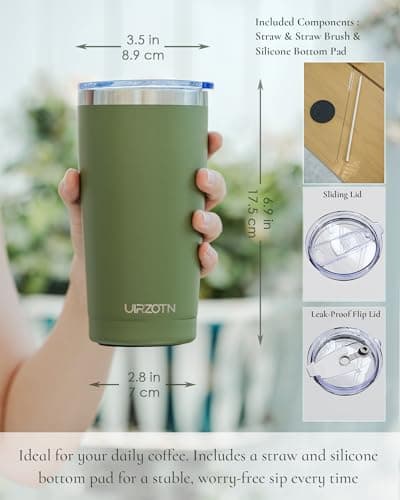 UIRZOTN Travel Coffee Tumbler 20oz, Leakproof Travel Coffee Mug with Dual Lids and Straw, Stainless Steel Double Wall Vacuum Insulated Tumbler for Hot/Iced Drinks (Army Green, Textured Matte) - Thumbnail 2
