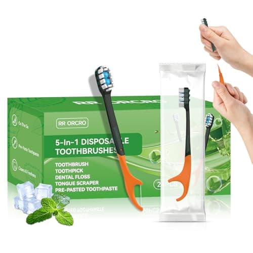 24Pack Disposable Toothbrushes with Toothpaste + Pick + Floss + Tongue Scraper 5-in-1 Mini Prepasted Travel Toothbrush for Hotel Camping Flight Car Single Use Portable Individually Wrapped | Mint - Image 1