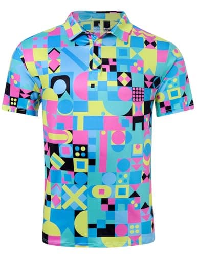uideazone Mens Polo Shirts Athletic Dry Fit Golf Shirt 80S 90S Colorful Geometry Golf Polos Performance Tennis Shirt S - Image 1