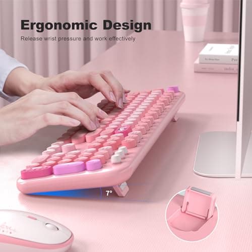 Atelus Wireless Keyboard and Mouse, Typewriter Full Size Keyboard with Number Pad and 2 in 1 USB Connected Mouse for Windows 7/8/10, Laptop, Desktop, PC, Computer (Pink Colorful) - Thumbnail 5