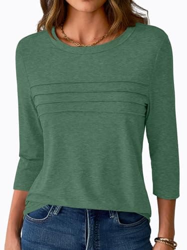 NORACORA 3/4 Sleeve Tops for Women T Shirts Dressy Casual Spring Fall Outfits Pleated Front Shirts Round Neck Casual Tunic Basic Tee Tops Green L - Thumbnail 2