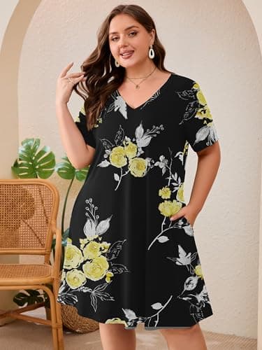 AusLook Plus Size Midi Dress for Women Black Golden Floral 3X Short Sleeve Loose V Neck Summer Casual A Line Knee Length Work Outfit T Shirt 2026 Sundresses with Pockets - Thumbnail 2