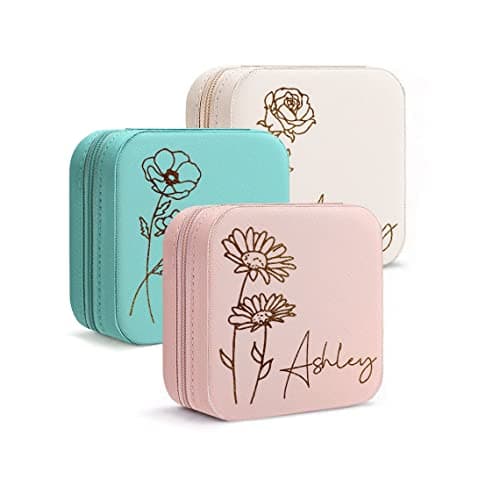 DayOfShe Personalized Travel Jewelry Box with Name and Birth Flower Mothers Day Mom Gifts,Personalized Bridesmaid Gifts for Women Custom Small Travel Jewelry Case