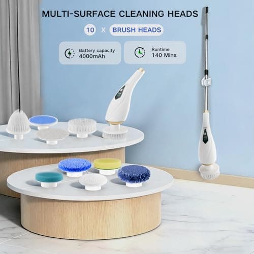 Hofenta Electric Spin Scrubber Cordless Shower Cleaning Brush with 10 Replaceable Brush Heads, Extendable Handle Up to 59", 2 Speed, Waterproof, 2H Cleaning Time for Bathroom Shower Tile Glass Car - Thumbnail 3