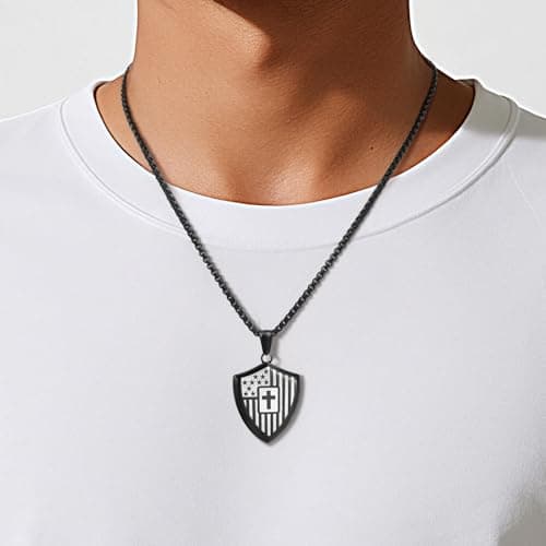 Christian Cross Bible Verse Necklace for Men - Shield American Flag Stainless Steel Chain Black Necklaces Religious Christian Catholic Jewelry Gifts for Men - Thumbnail 2