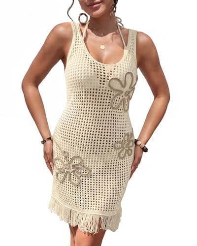 Bsubseach Women's Women Crochet Beach Cover Up,3D Floral Embellished Mesh Knit Bathing Suit Coverups for Summer Vacation Beige - Image 1