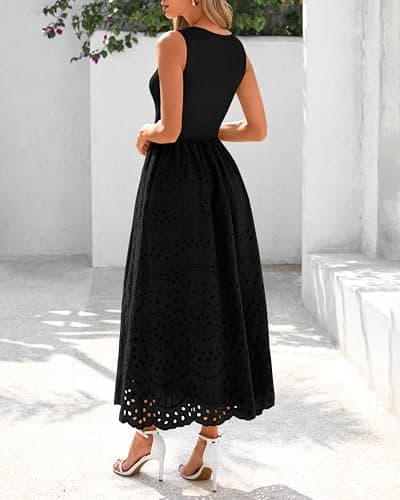dowerme Women Summer Dresses 2026 Casual Sleeveless Crewneck A-Line Boho Lace Eyelet Cotton Tank Maxi Dress with Pockets(Black,X-Large) - Thumbnail 5