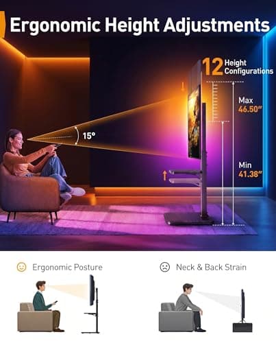 Perlegear Floor TV Stand with LED Light for 32”-75" TVs, Tall TV Stand with Swivel and Tilt, 12 Height Levels TV Mount Stand, Solid Wood Base up to 110 lbs for Living Room, Max VESA 600x400mm, PGFS21B - Thumbnail 6