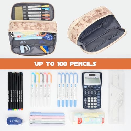 ECHSRT Tactical Pencil Case for Boy, Extra Large Capacity Camo Pencil Pouch for Men Adults, 3 Compartment Zipper Pen Case, Small Tool Bag Organizer for School Office Travel - Camo Brown - Thumbnail 4