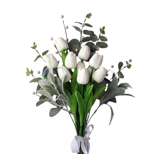 siqifloral 18 Pcs Artificial White Tulips Bouquet with Eucalyptus and Pearl Berries, Real Touch Silk Flowers for DIY Wedding Centerpieces, Home Table Arrangement - Image 1