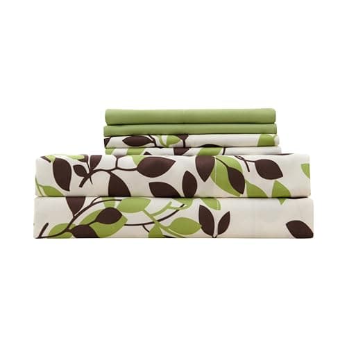 Twin Size Bed Sheets Set Deep Pockets - 6PC Floral Ultra Soft Microfiber Bed Sheets - Easy to Clean, 90 Thread Count Sheets Includes 1 Fitted, 1 Flat, 2 Pillowcases (Beige/Green Leaves) - Thumbnail 5