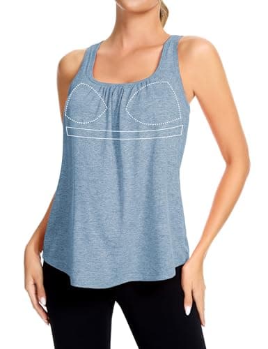 SLIMBELLE Mesh Racer Back Tank Tops Womens Gym Yoga Athletic Workout Tops Round Neck Sleeveless Loose Fit Cami with Built in Bra Light Blue 2XL - Image 1