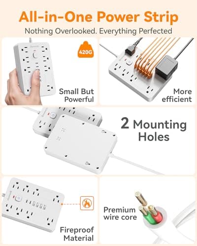 Bawmwim Surge Protector Power Strip - 8 Outlets(1850W/15A) with 6 USB Ports（2 USB C, 6FT Flat Plug Extension Cord, Wall Mount Multi Plug Outlet Extender, ETL Listed for Home, Dorm Room, White - Thumbnail 6