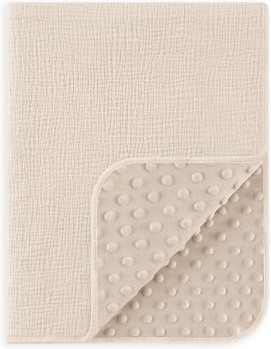 Susurration Baby Blanket for Unisex Boys Girls, Soft Nursery Minky Blanket with Muslin Cotton Front and Dotted Fleece Back, Receiving Blanket for Baby Newborn Infant, 30x40inch (Cream)