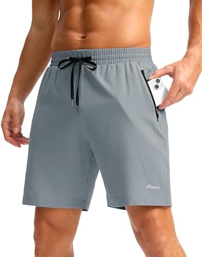 Pudolla Mens Workout Running Shorts Lightweight Gym Athletic Shorts for Men with Zipper Pockets(Light Grey L) - Image 1