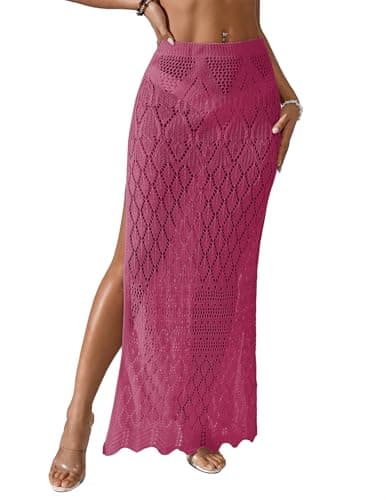 BreathSunny Womens Crochet Open Knit Elastic Waist Swimsuit Coverup Dress Summer 2026 Trendy Outfits Side Slit Mesh Swimwear Coverups Beach Swim Bathing Suit Cover Up Maxi Skirt Rose Red M - Image 1