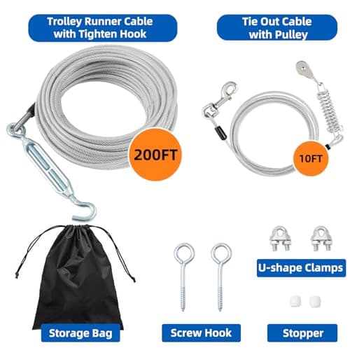 LUFFWELL 200FT Dog Runner for Yard with 10FT Tie Out Cable - Heavy Duty Trolley System for Large Dogs Up to 250LBS, Backyard/Park/Camping Use (Silver, 200FT+10FT) - Thumbnail 2