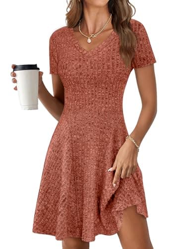 ANRABESS Womens Summer Dresses Casual Short Sleeve Ribbed Knit V Neck Swing A-Line 2026 Spring Vacation Tunics Short Dress Burnt Orange X-Large - Image 1