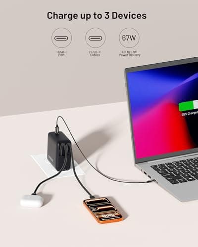 Omnibar Retractable USB C Charger, 67W 3-Port Fast Charging Block with 2 Built-in Cables & Foldable Plug, PD PPS Wall Charger for iPhone 17/16/15, Samsung Galaxy S26/S25, iPad, MacBook Air, AirPods 4 - Thumbnail 3