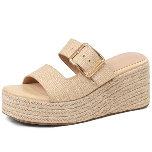 Tarkwa Platform Wedges Sandals for Women Summer Slip on Espadrille Flatform Slides Open Toe Adjustable Buckle Bohemia Beach Raffia Beach Sandals Beige Size 11 - Image 1