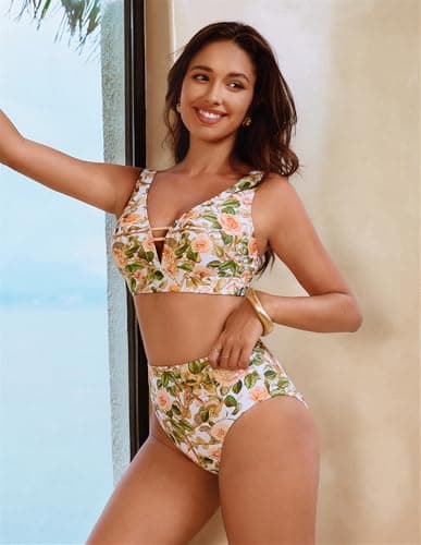 Hanna Nikole Womens Bathing Suits Tummy Control High Waisted Bikini Sets Full Coverage Swimsuits Push Up Swimwear Sexy Beach Outfits Yellow Leopard - Thumbnail 2