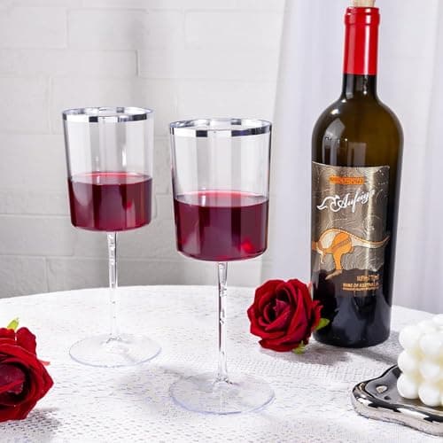 Ciaell 12 Pack Plastic Wine Glasses - 10 Oz Plastic Wine Glasses with Stem - Square Silver Disposable Stemmed Glass for Parties & Weddings & Outdoors - Thumbnail 2