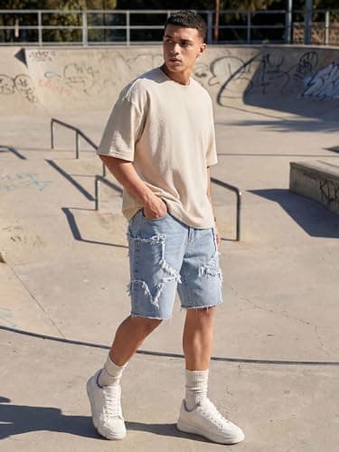 JMIERR Men's Jorts Baggy Loose Fit Comfy Wide Leg Vintage Y2K Hip Hop Streetwear Summer Knee-Length Star Jean Shorts Beau Blue, X-Large - Thumbnail 2