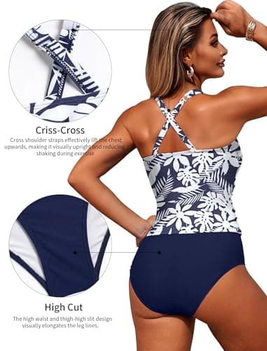 ZAFUL Tankini Swimsuits for Women Bathing Suits Ruched Full Coverage Slimming Two Piece Tummy Control Swim Suits White Blue Flower M - Thumbnail 5