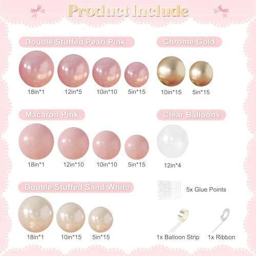 Pink White Gold Balloon Arch Kit, 132Pcs Double Stuffed Pearl Pink White Gold Clear Balloons for Fairy Baby Shower Wedding Bridal Shower Birthday Party Decorations - Thumbnail 2