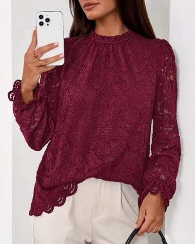KIRUNDO Blouses for Women Dressy Casual Lace Long Sleeve Tops Mock Neck Ruffle Shirts 2026 Spring Fall Fashion Clothing(Burgundy, Large) - Thumbnail 3