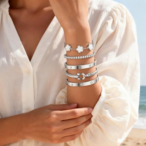 JINDETAI Stackable Silver Bracelets for Women - 3/4/5 Sets, Non-Tarnish Stainless Steel & Sterling Silver Trendy Stackable Bangle Jewelry Set, Gifts for Valentine's Day, Birthday, Prom and Christmas - Thumbnail 3