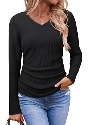 Dokotoo Womens Tops Early Spring Fashion 2026 Women's Long Sleeve Solid V Neck Shirts Teacher Outfits for Women Business Casual Side Ruched Basic Tee Shirts Comfy Slim Fitted Spring Clothes Black XXL - Image 1