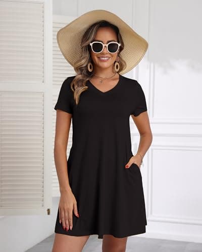 COSSEN Women's Casual T Shirt Dress Black Small V-Neck Short Sleeves Birthday Party Summer Travel Beach Swing Dresses with Pocket - Thumbnail 3