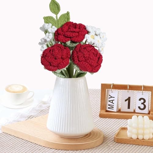 Crochet Flower Bouquet Handmade Red Roses Artificial Flowers with Card Unique Mothers Day Graduation Birthday Gifts for Women Mom Girlfriend Wife Eternal Flores Knitting Decorations Home Decor - Thumbnail 3
