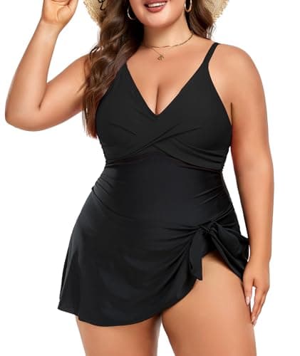 MFAVIP Women Plus Size Swim Dress Tummy Control One Piece Swimsuit Wrap Full Coverage Modest Bathing Suit Cute Tie Knot - Image 1