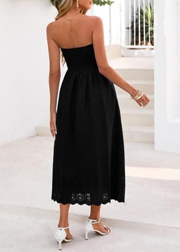 Lazysmile Summer Boho Maxi Dress for Women Strapless Tube Top Lace Trim A Line Beach Casual Long Dress Black - Thumbnail 2