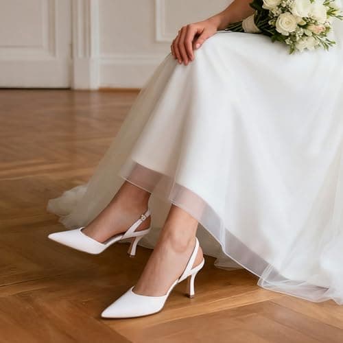Athlefit Closed Pointed Toe Kitten Heels for Women Dress Work Wedding Party Slingback Stiletto Pumps Shoes White, Size 8.5, SAPU2606W - Thumbnail 3