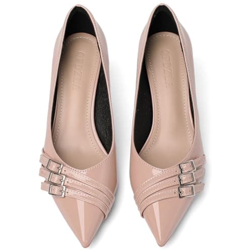QFDZLA Nude Kitten Heels for Women Leather Comfortable Closed Toe Pointed Toe Heels Wedding Party Dress Pumps Shoes Size 7 - Thumbnail 4