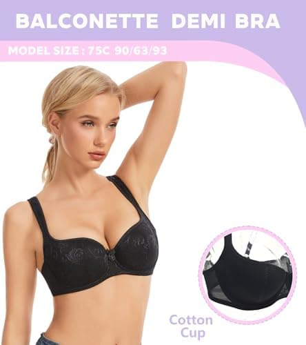Oscrenia Balconette Bra for Women Demi Balcony Bras Underwire Push Up Half Cup(Black Plain,34DD) - Thumbnail 3