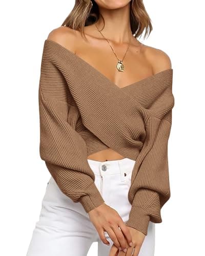 BTFBM Off The Shoulder Sweater for Women Winter Fall Fashion 2026 V Neck Long Sleeve Ribbed Knit Wrap Cropped Sweaters(Camel, Small) - Image 1