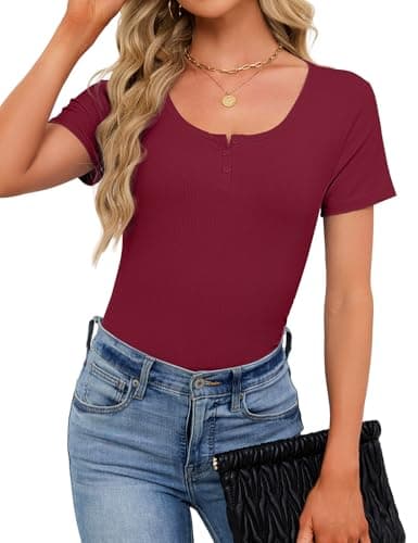 Womens Short Sleeve Tops Stretchy Henley Scoop Neck Fitted Casual Basic Top T-Shirts Ribbed Button Blouses 2026 Summer Trendy Red S - Thumbnail 3