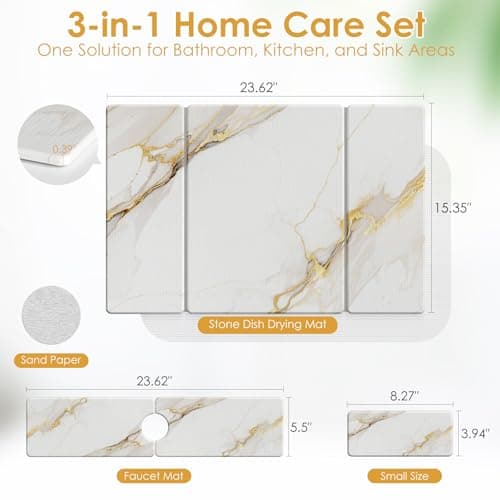 3-Piece Stone Dish Drying Mat Set for Kitchen Counter - Ultra-Absorbent Diatomaceous Earth Tray with Sink Faucet Protector - Quick Dry Minimalist Countertop Organizer for Dishes, Bottles & Cups - Thumbnail 6