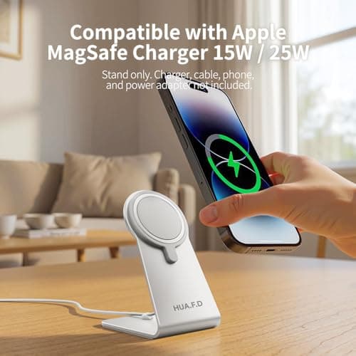 HUAFD MagSafe Charger Stand Compatible with Apple MagSafe Charger 15W/25W, Aluminum Desktop Dock for iPhone 17/16/15/14/13/12, Portrait & Landscape Viewing, Cable Slot, Charger Not Included, Silvery - Thumbnail 2