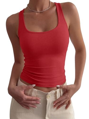 PINKMSTYLE Double Lined Scoop Neck Tank Top for Women Basic Sleeveless Summer Tops Slim Fit Workout Outfits Red Small - Image 1