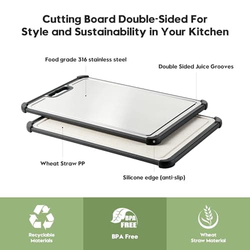 Premium 316 Stainless Steel Cutting Board for Kitchen Extra Large 16.9" x 11.8" Best Non-Toxic Chopping Board for Meat Food-Grade Metal & Eco-Friendly Wheat Straw Dual-Sided Healthy Kitchen Essential - Thumbnail 5