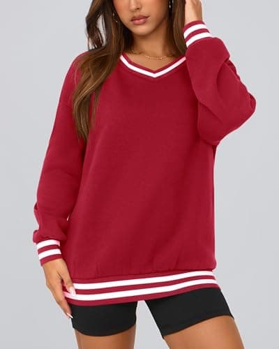 PRETTYGARDEN Women's Oversized Sweatshirts Casual Long Sleeve Stripes Knit V Neck Pullover Top Spring Preppy Clothes(Red,XX-Large) - Thumbnail 3
