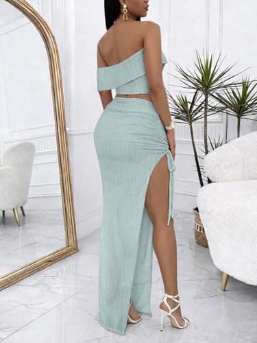 2 Piece Skirt Sets for Women Summer - Sexy Two Piece Outfits Off Shoulder Sleeveless Crop Top Drawstring High Slit Bodycon Maxi Long Skirt Beach Dresses Cover Up Vacation Outfits Blue, S - Thumbnail 6